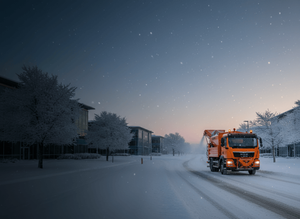 Commercial gritting vehicle treating a Cheshire business site
