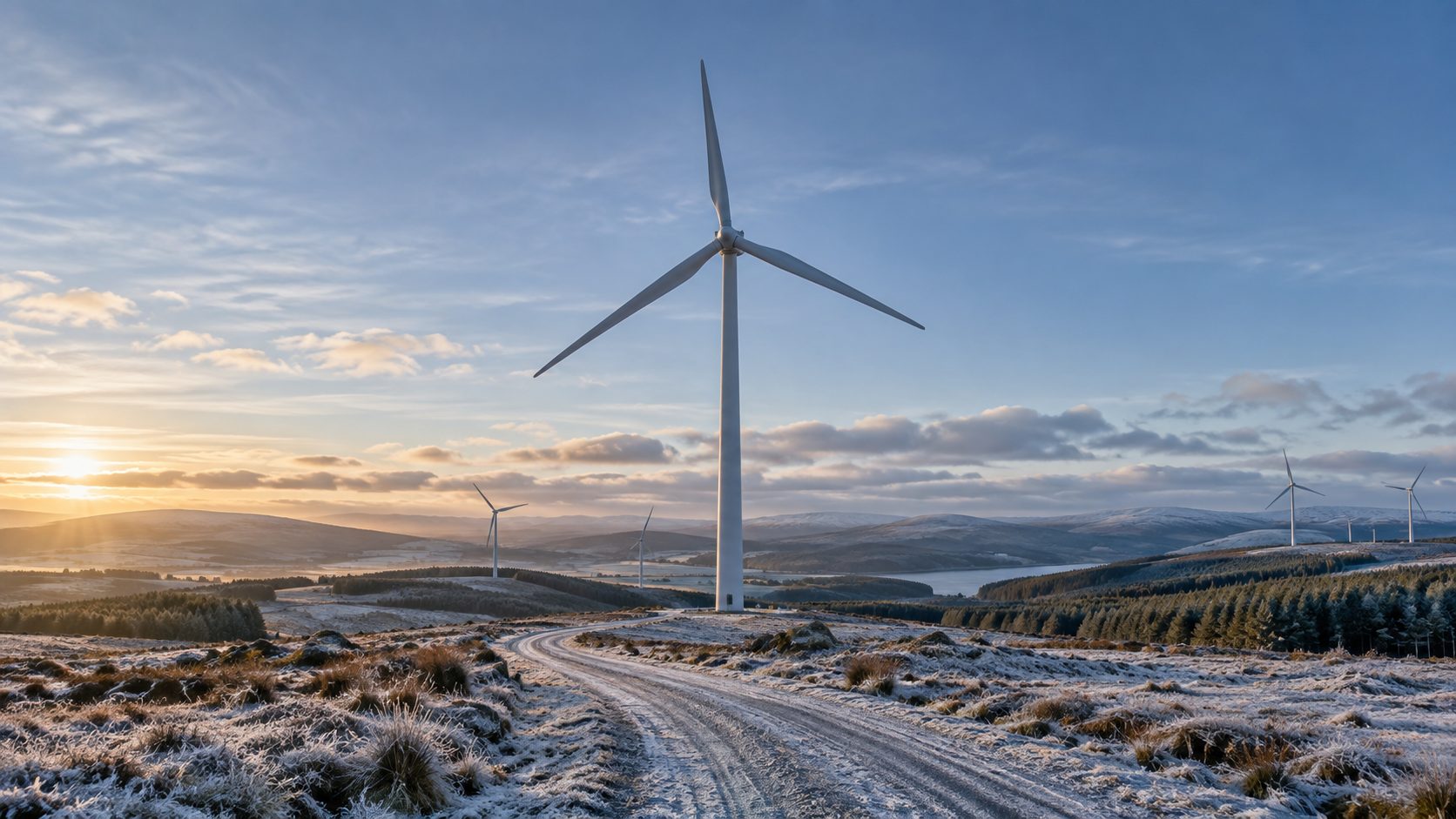 Wind turbine beside a frosty access road at a UK wind farm